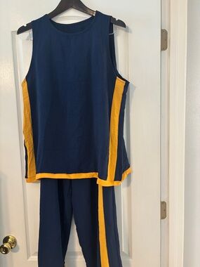 Women's Linen Blend Two Piece Set Sleeveless Color Block Top Wide Leg Pants Set